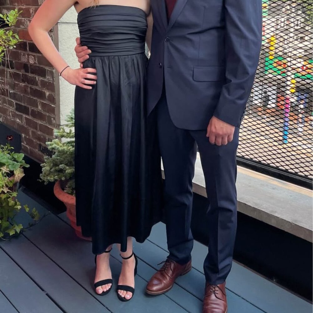 Black strapless wedding guest dress